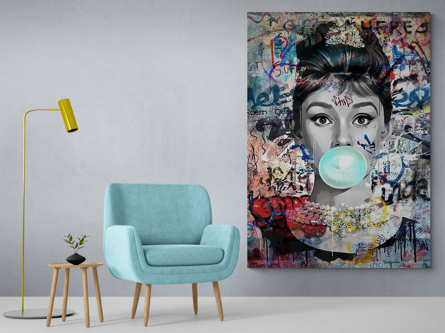 Audrey Hepburn Blue Bubble Gum Graffiti Canvas Art