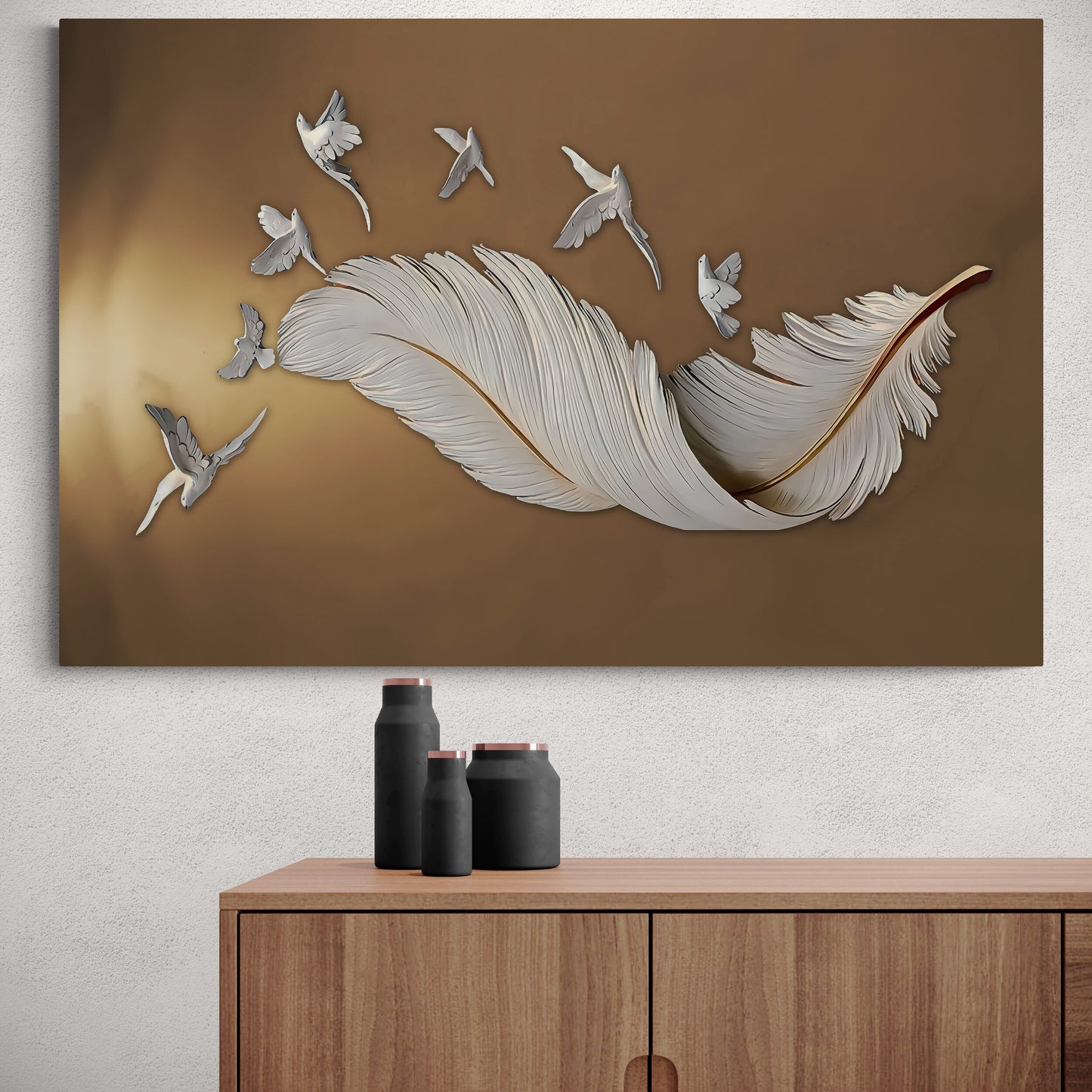 Feather and Birds Brown Canvas Art