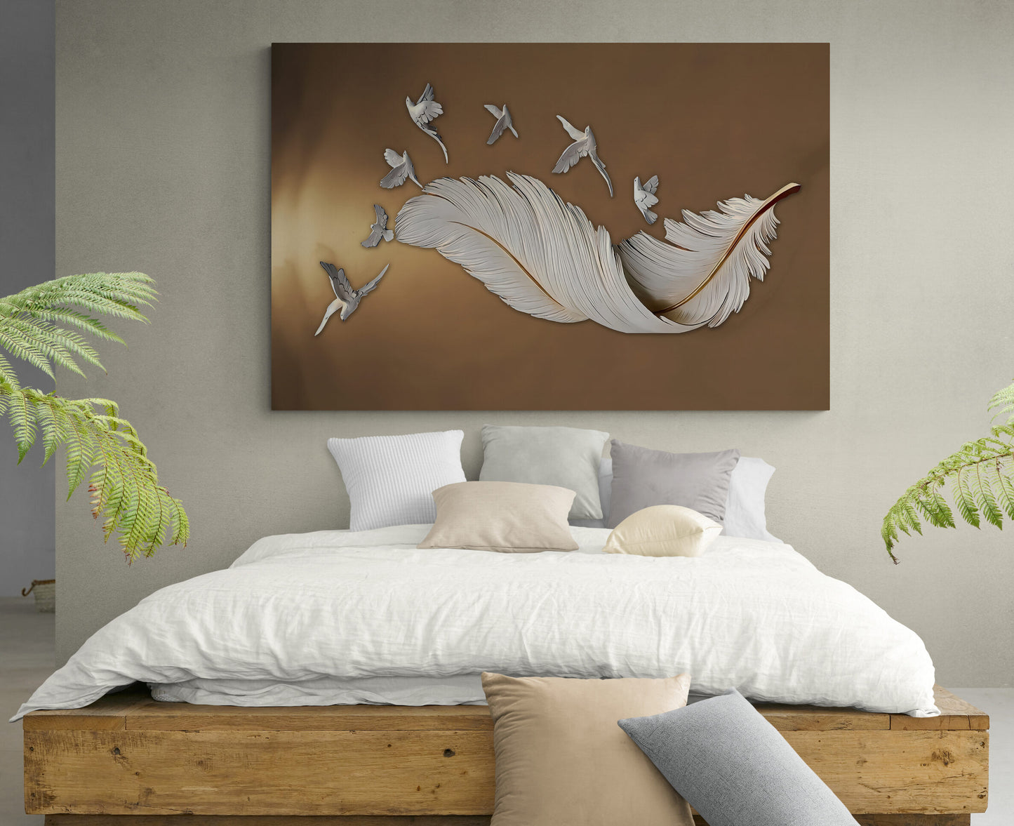Feather and Birds Brown Canvas Art