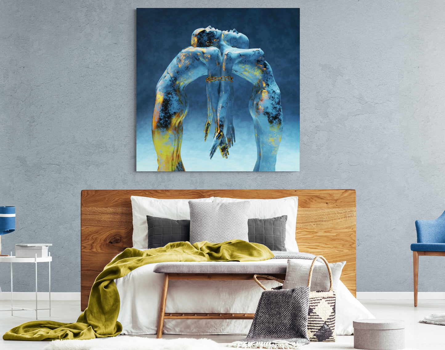 Nude Couple Golden Blue Paint Canvas Art