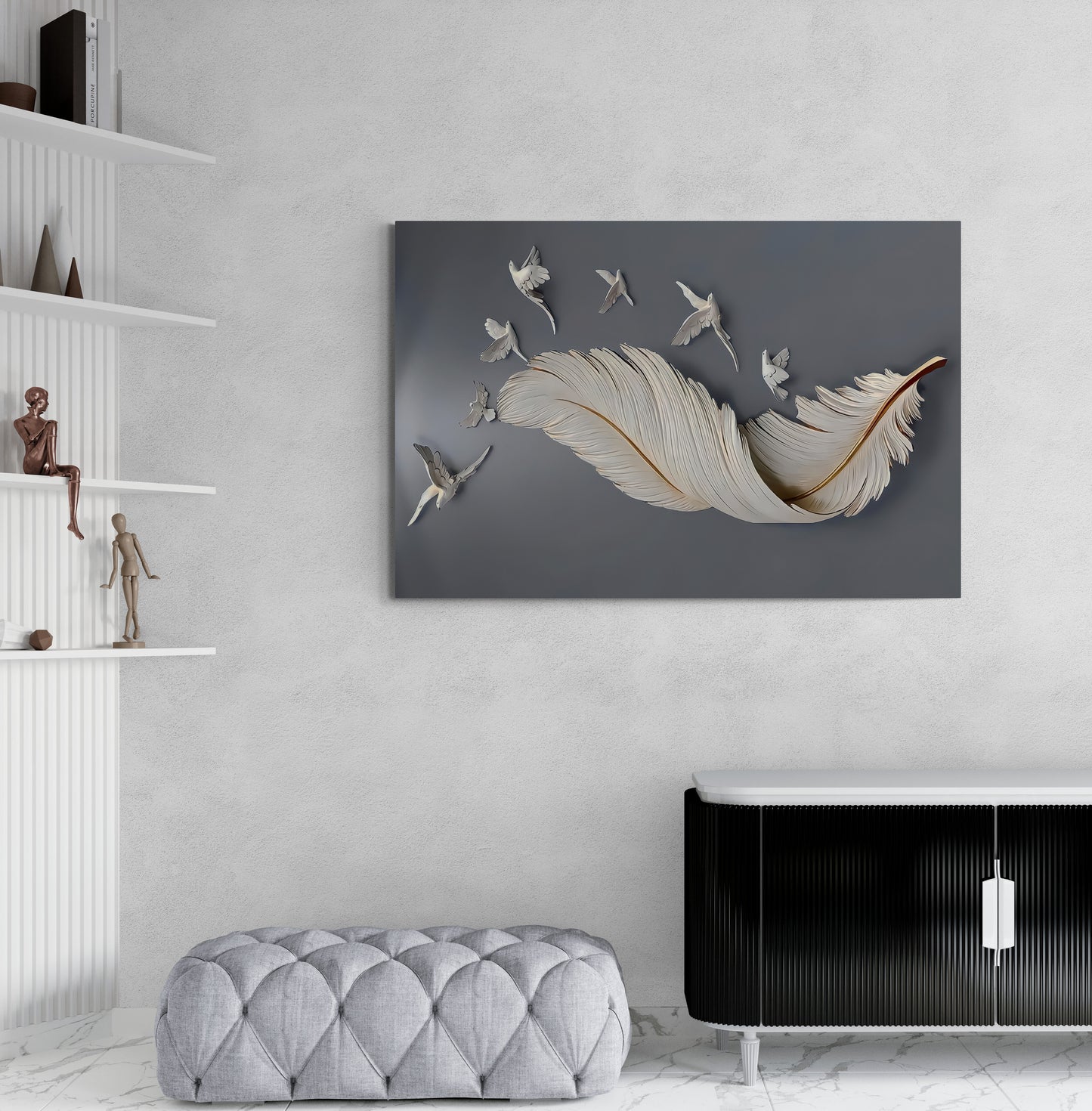 Feather and Birds Grey Canvas Art