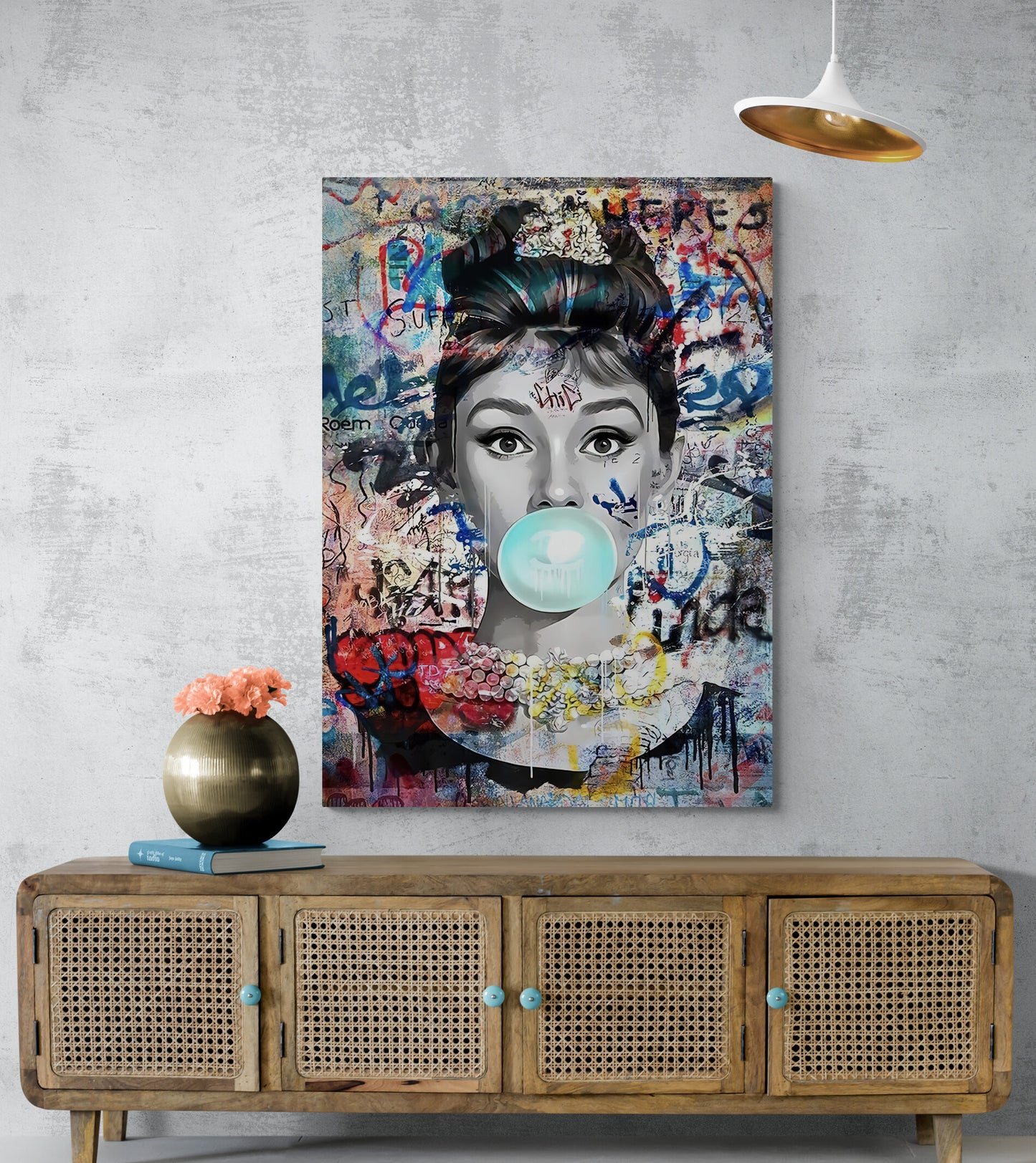 Audrey Hepburn Blue Bubble Gum Graffiti Canvas Art