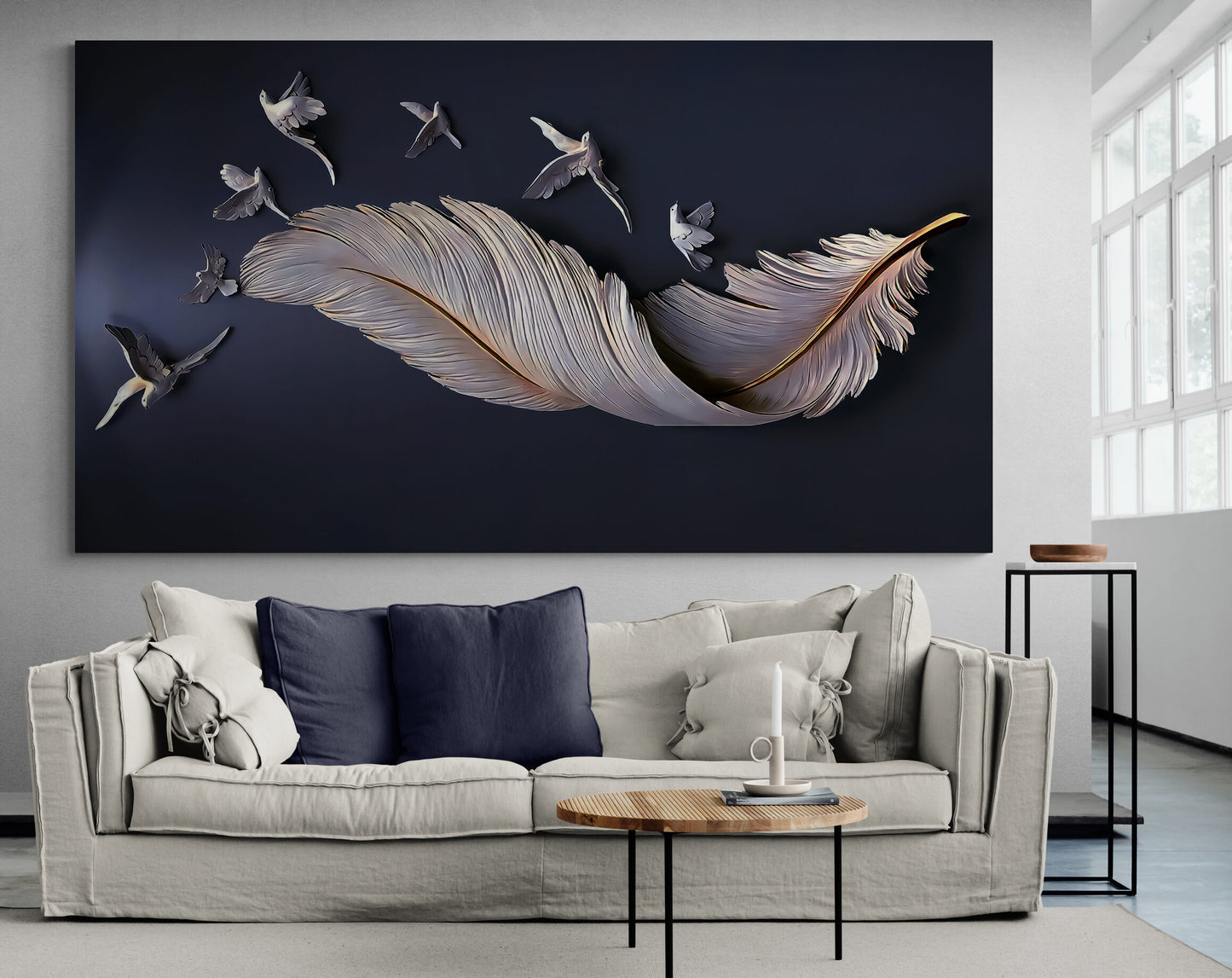 Feather and Birds Navy Canvas Art