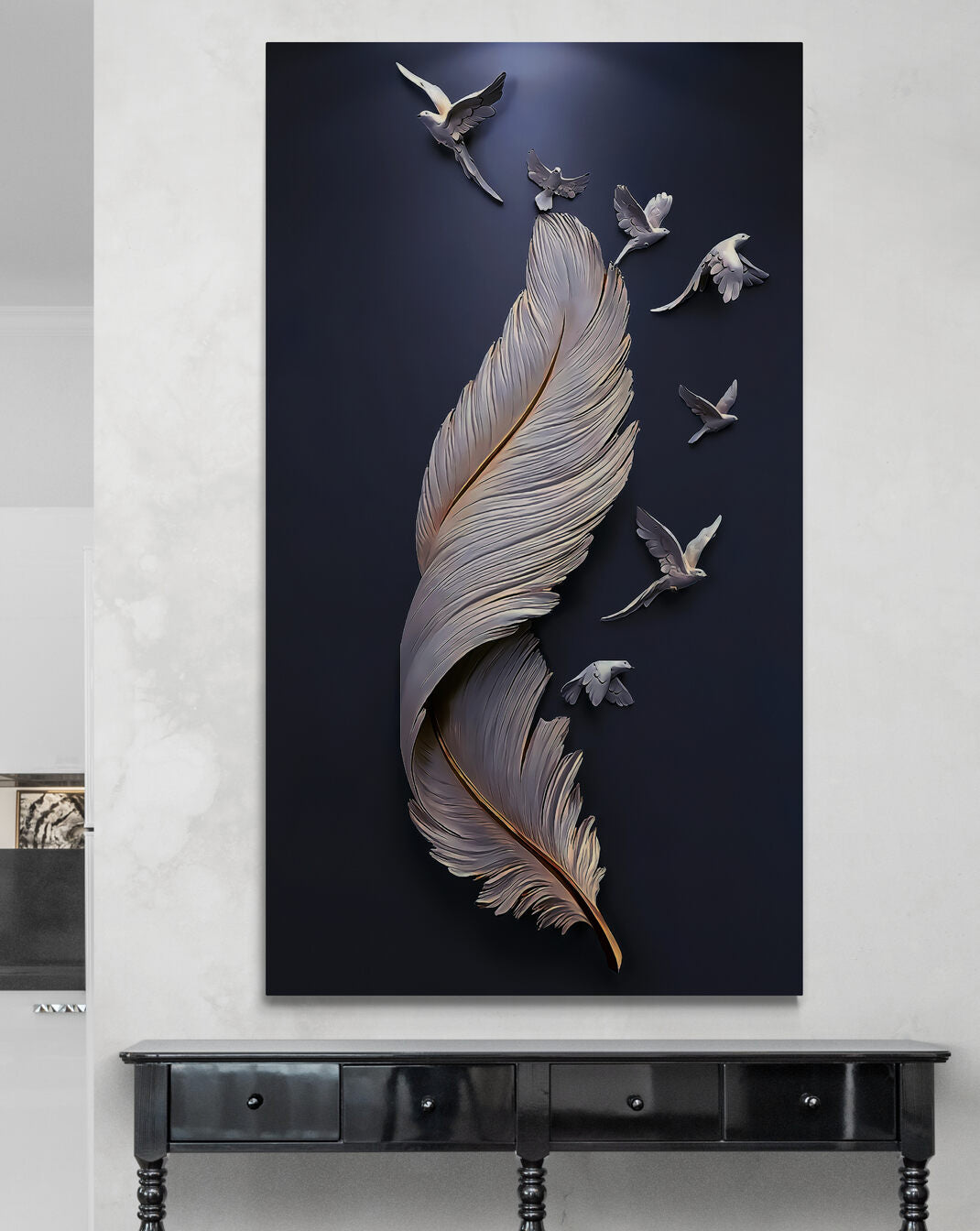 Feather and Birds Navy Canvas Art