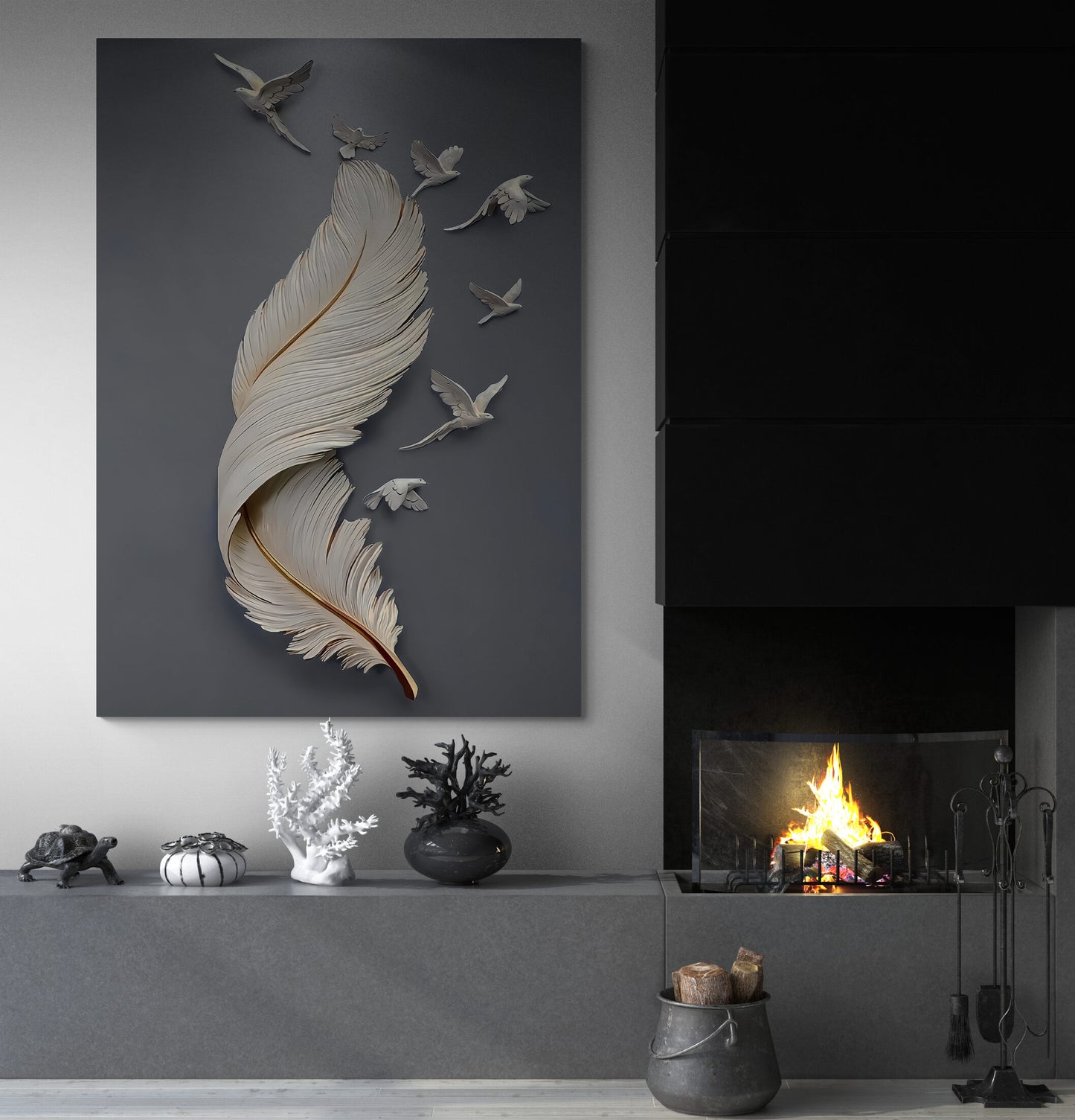 Feather and Birds Grey Canvas Art
