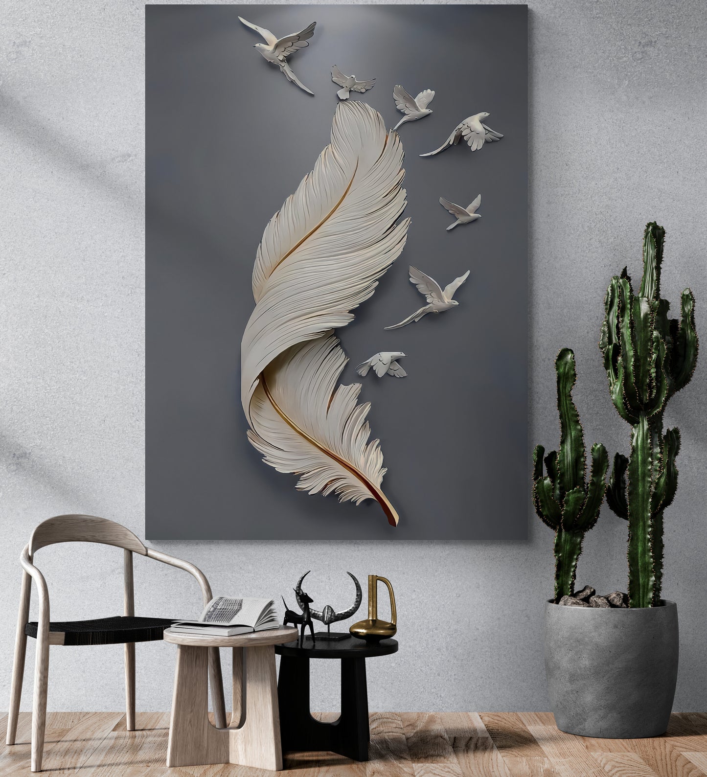 Feather and Birds Grey Canvas Art