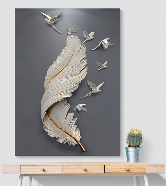 Feather and Birds Grey Canvas Art