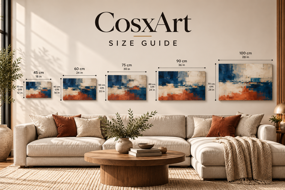 A living room scene showing a large wall-mounted size guide for wall art. The image includes a sofa, coffee table, plants, and several framed abstract paintings with overlaid dimensions and the text 'CosxArt SIZE GUIDE' at the top.
