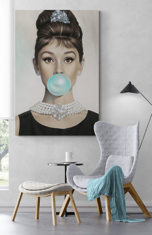 Audrey Hepburn Blue Bubble Gum Canvas Art