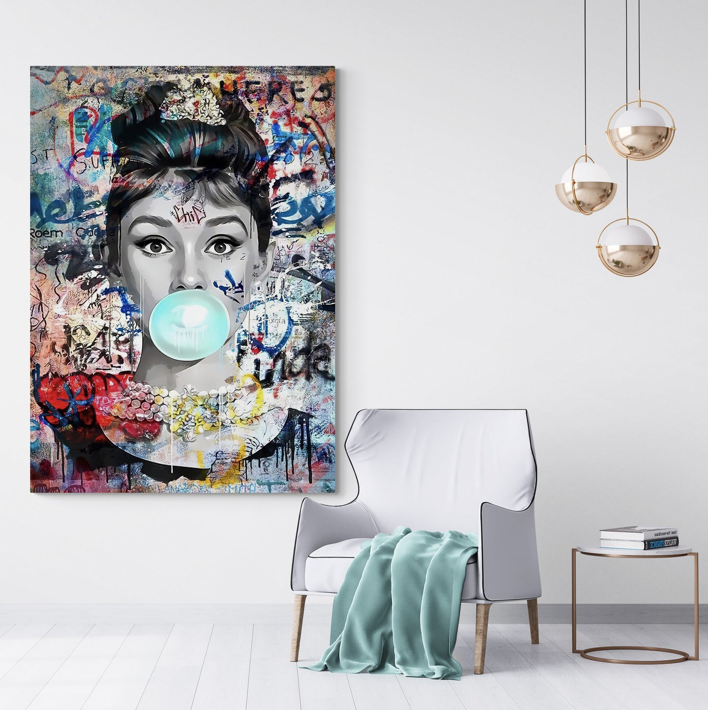 Audrey Hepburn Blue Bubble Gum Graffiti Canvas Art