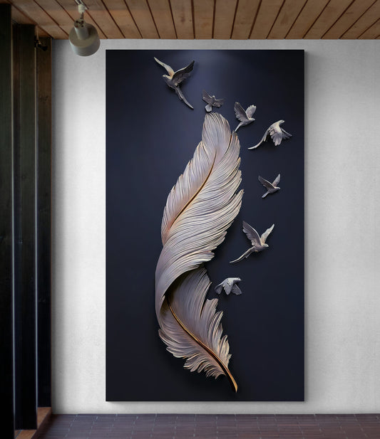 Feather and Birds Navy Canvas Art