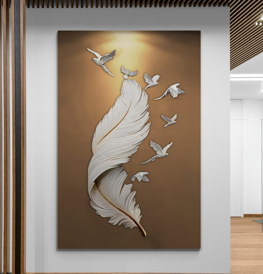 Feather and Birds Brown Canvas Art