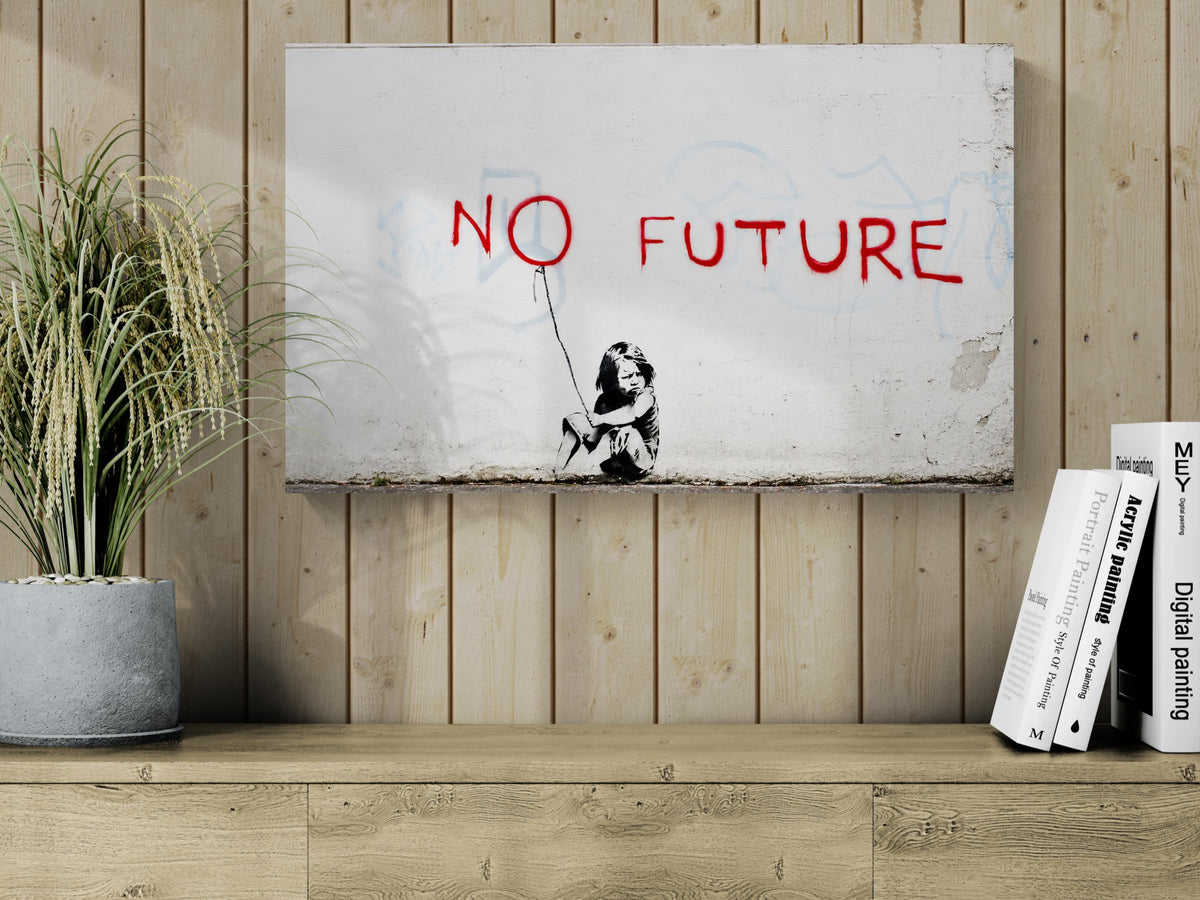 Banksy No Future street art canvas on a brown textured wall above a modern console table