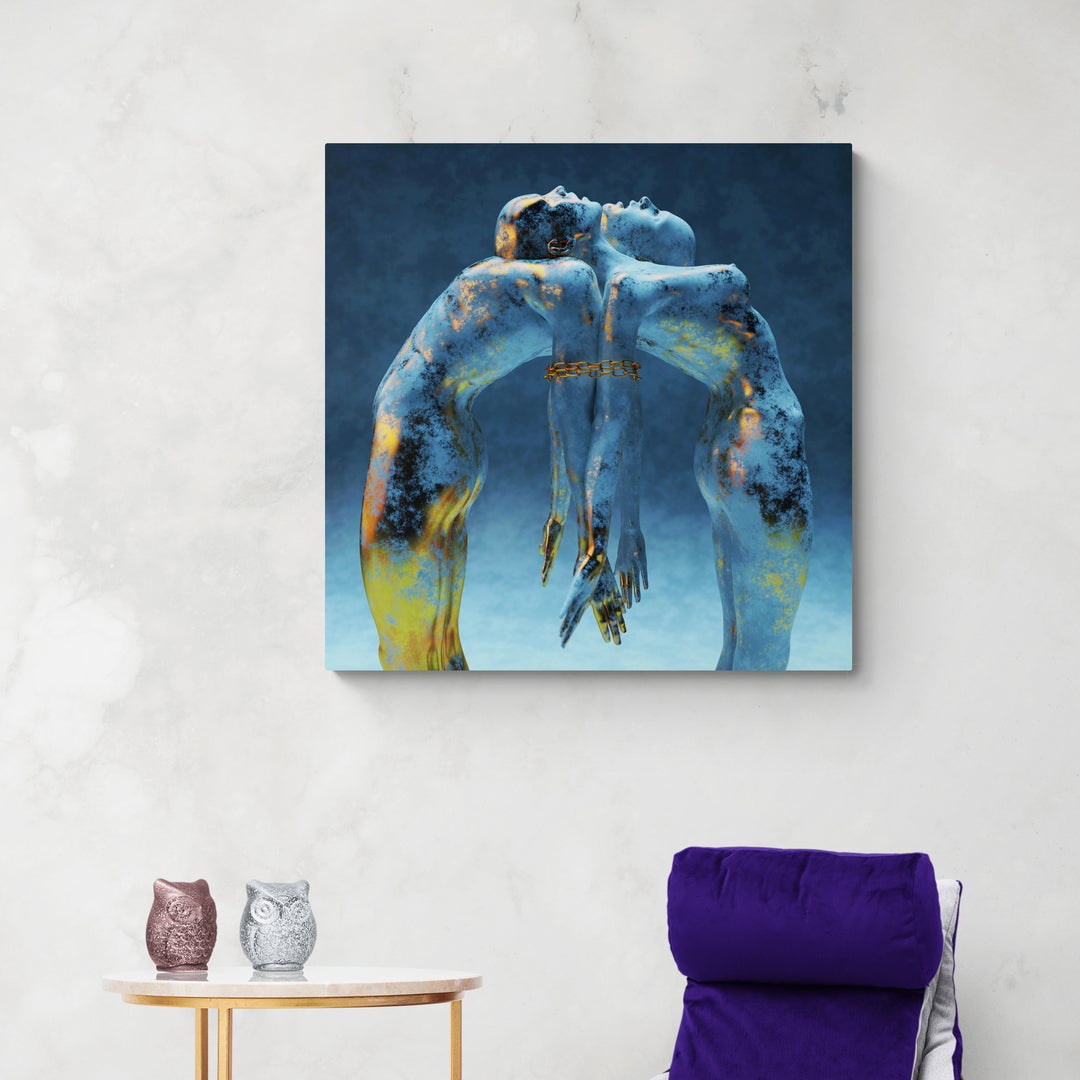 Nude Couple Golden Blue Paint Canvas Art